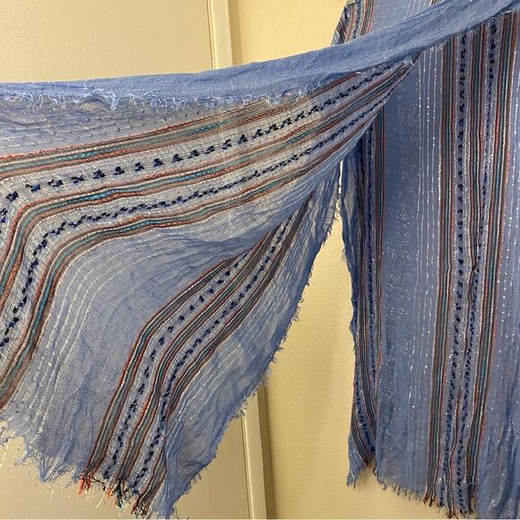 Light periwinkle blue Striped metallic semi sheer coastal scarf 36x72 - Picture 5 of 6